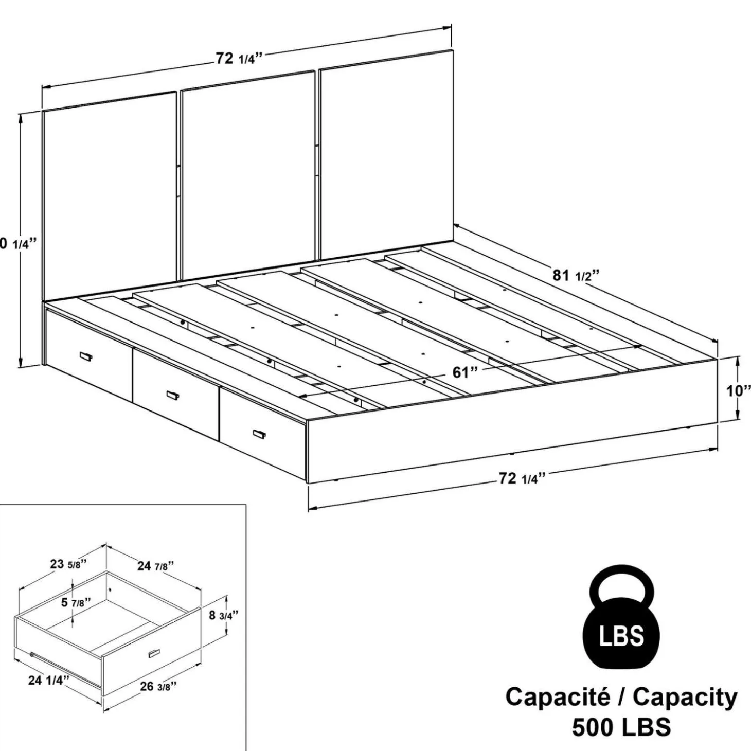 Grand lit plateforme avec tête de lit (60'')