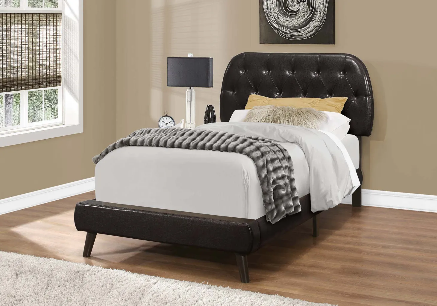 Lit - simple / pattes en bois simili-cuir brun fonce - Monarch