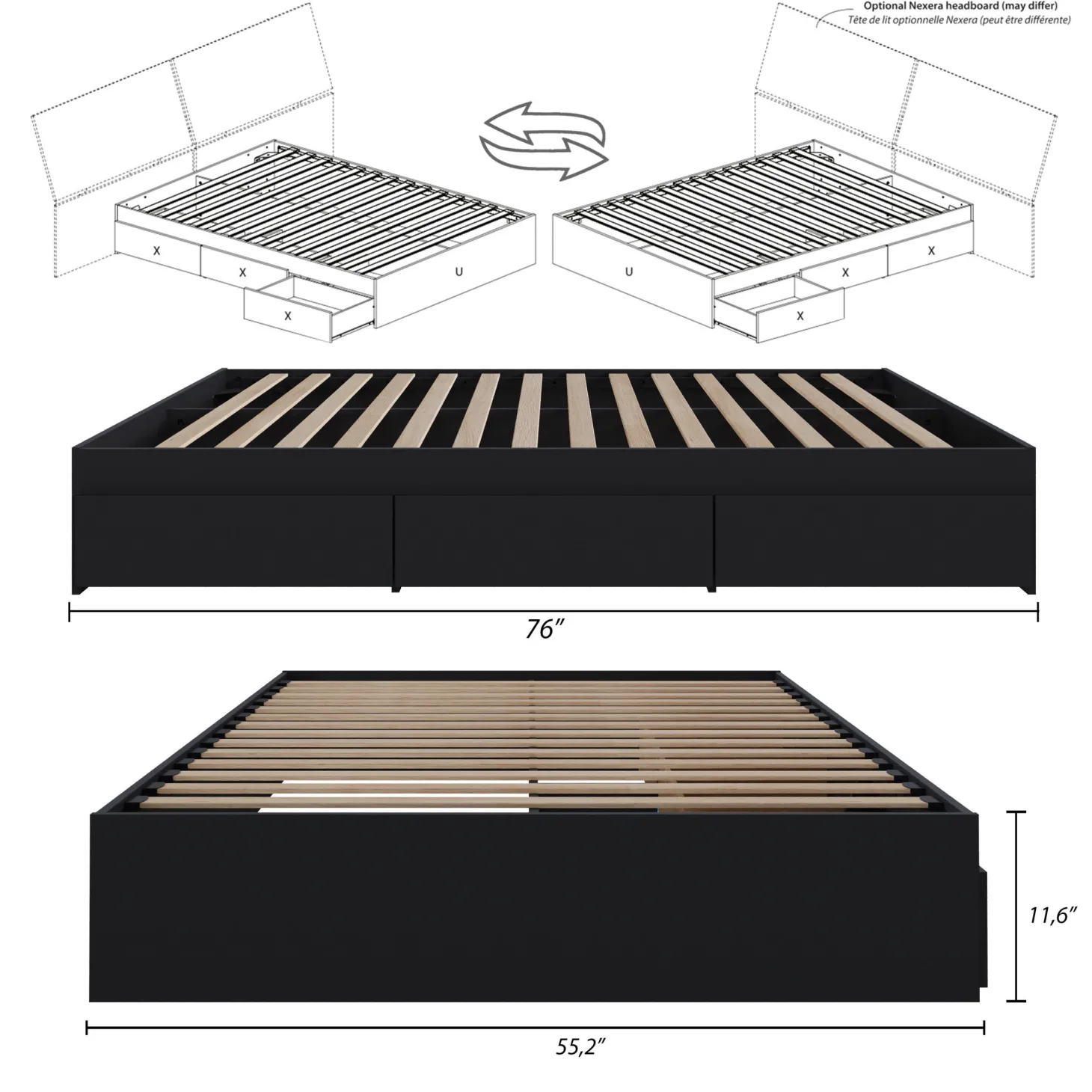 Lit double avec rangement 3 tiroirs (54") - Nexera