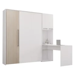 Lit escamotable queen, armoires de rangement et bureau - blanc et gris