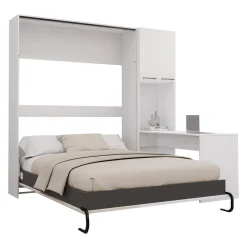 Lit escamotable queen, armoires de rangement et bureau - blanc et gris
