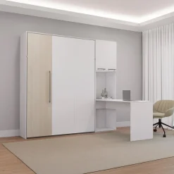 Lit escamotable queen, armoires de rangement et bureau - blanc et gris