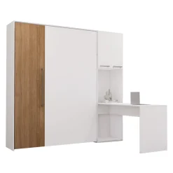 Lit escamotable queen, armoires de rangement et bureau - blanc et brun