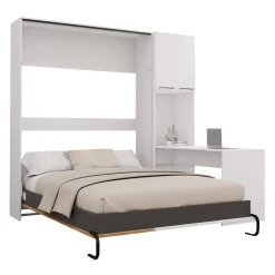 Lit escamotable queen, armoires de rangement et bureau - blanc et brun