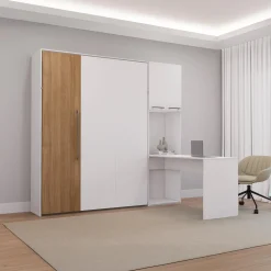 Lit escamotable queen, armoires de rangement et bureau - blanc et brun