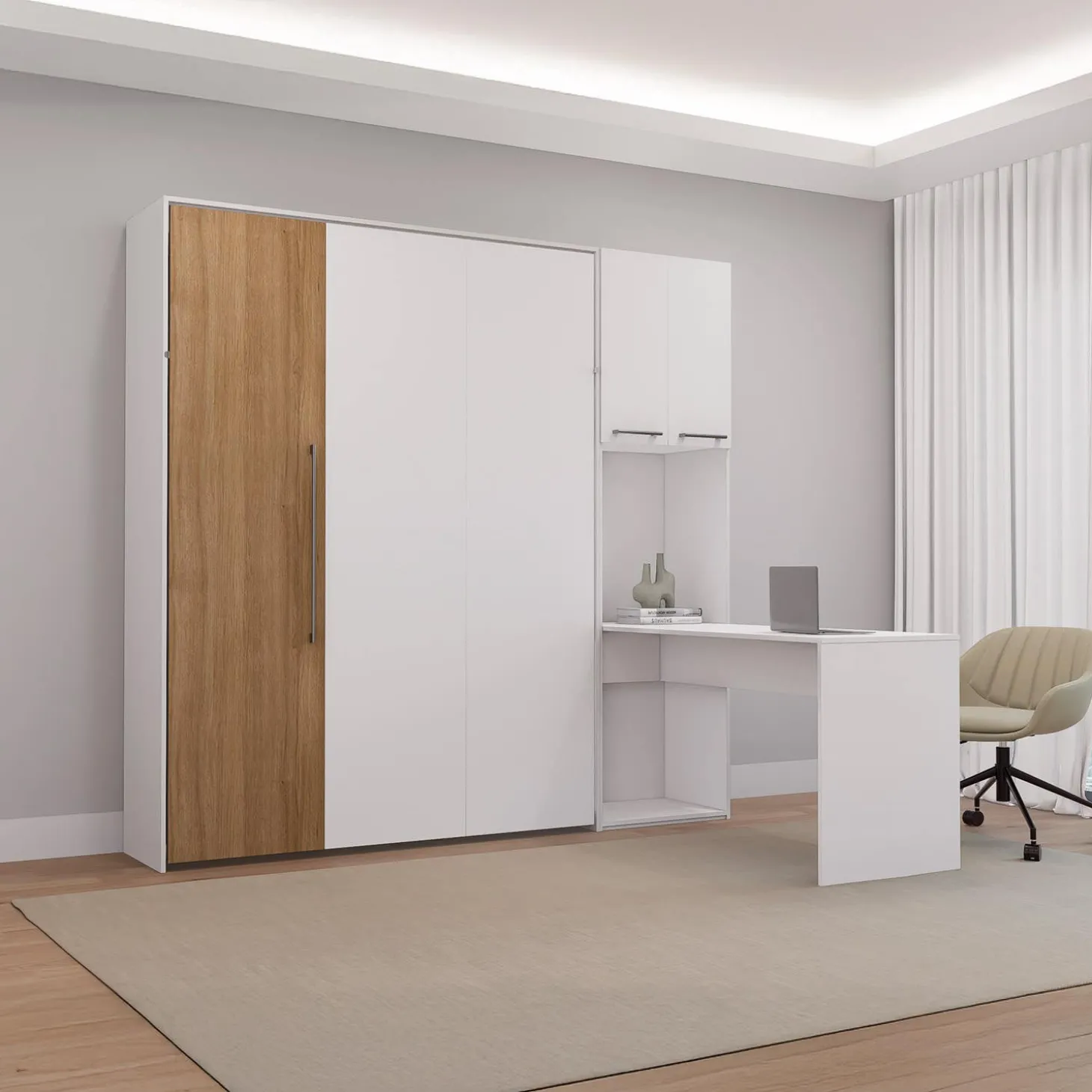 Lit escamotable queen, armoires de rangement et bureau - blanc et brun