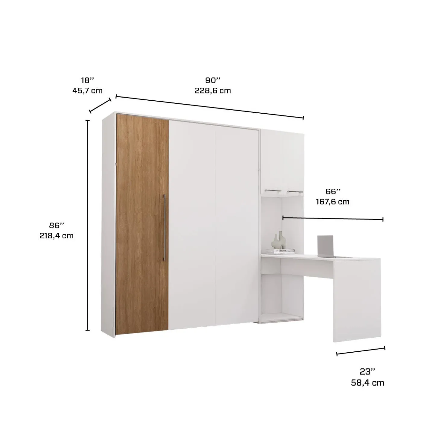 Lit escamotable queen, armoires de rangement et bureau - blanc et brun