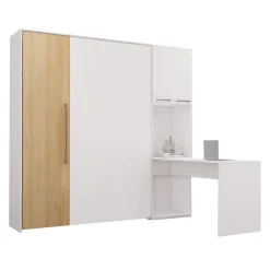 Lit escamotable queen, armoires de rangement et bureau - blanc et naturel
