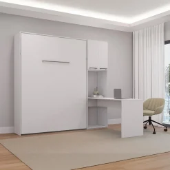 Lit escamotable queen, armoires de rangement et bureau - blanc