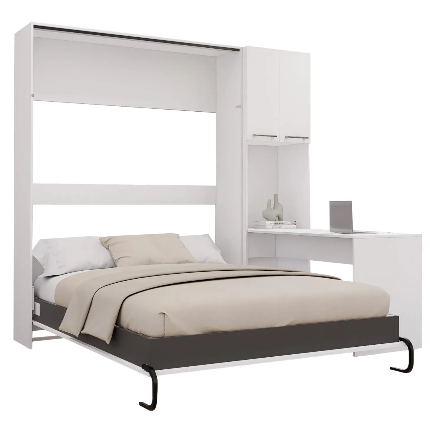 Lit escamotable queen, armoires de rangement et bureau - blanc