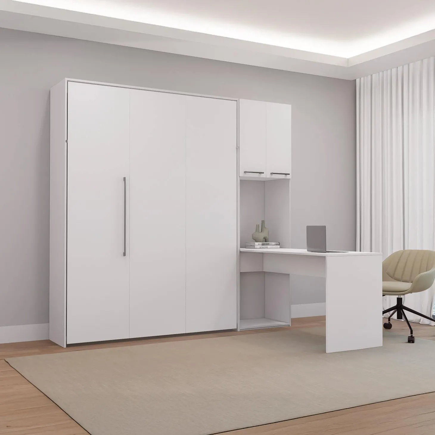 Lit escamotable queen, armoires de rangement et bureau - blanc