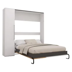 Lit escamotable queen et unité de rangement - blanc et brun