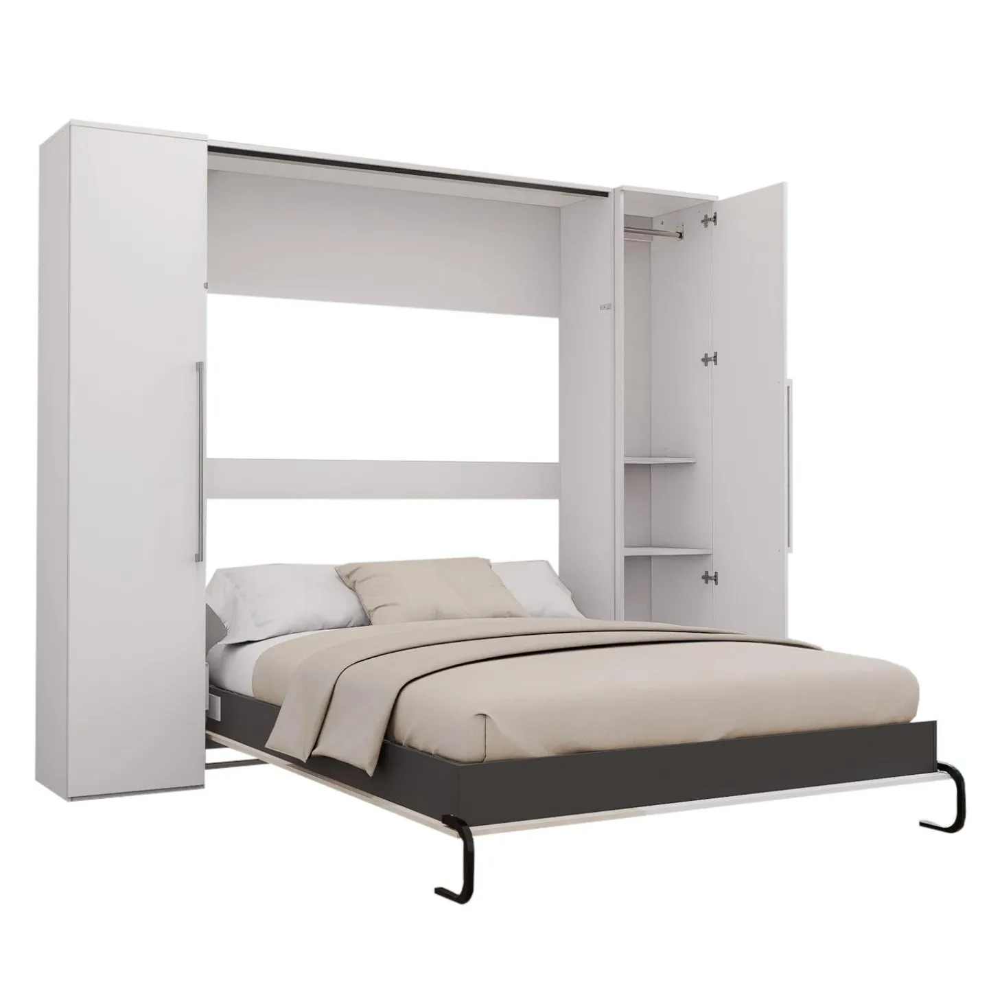 Lit escamotable queen et unités de rangement - blanc et gris