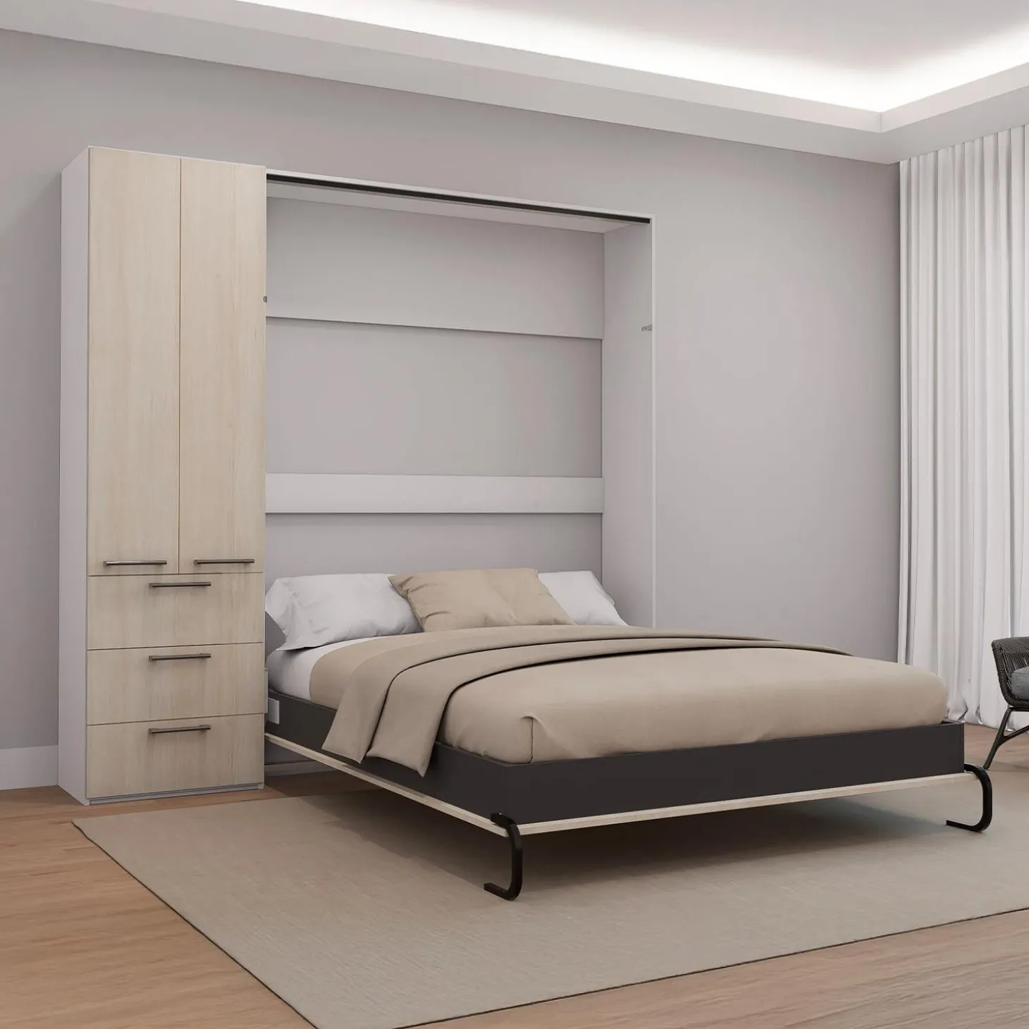 Lit escamotable queen et unité de rangement - gris