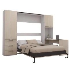 Lit escamotable queen, unités de rangement et bureau - gris