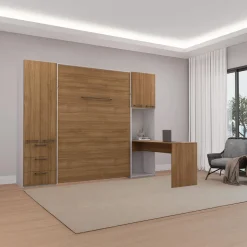 Lit escamotable queen, unités de rangement et bureau - brun