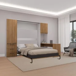 Lit escamotable queen, unités de rangement et bureau - brun