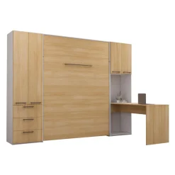 Lit escamotable queen, unités de rangement et bureau - naturel