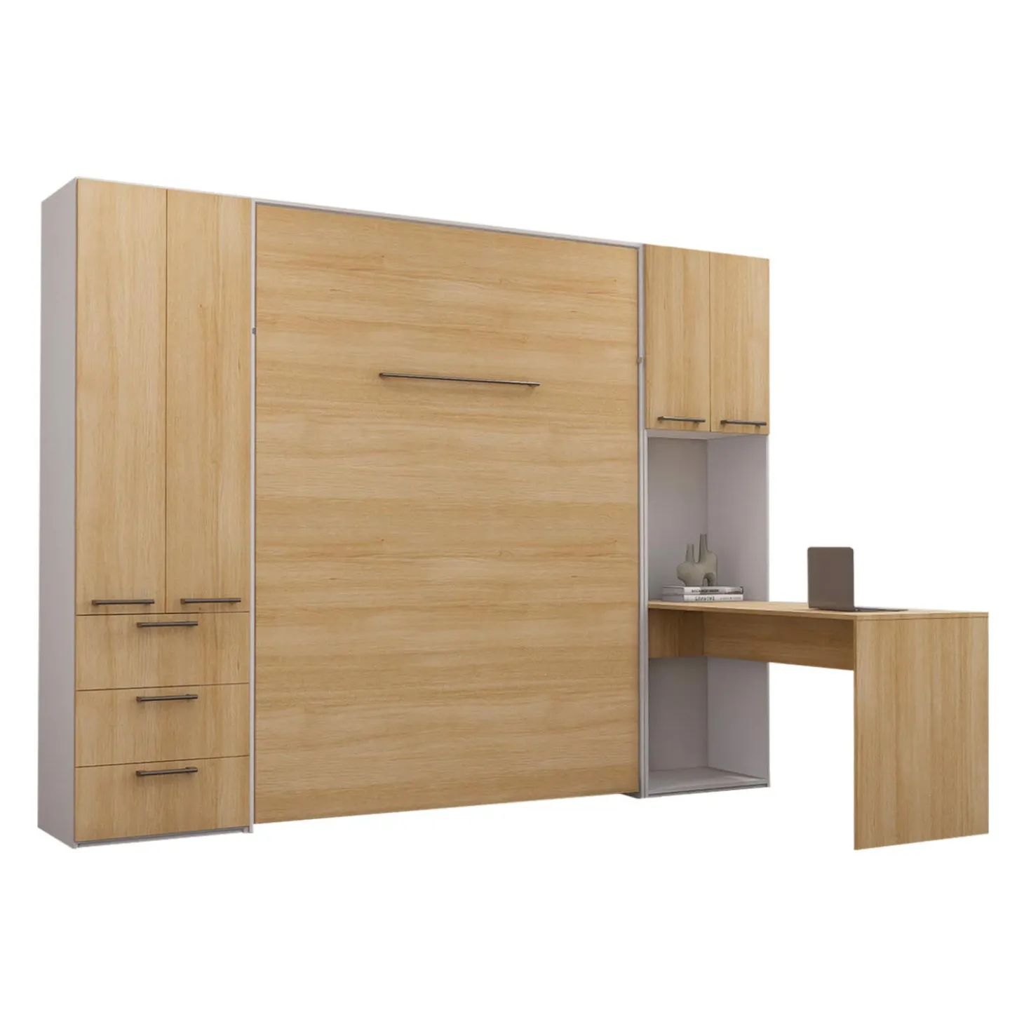 Lit escamotable queen, unités de rangement et bureau - naturel