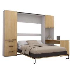 Lit escamotable queen, unités de rangement et bureau - naturel