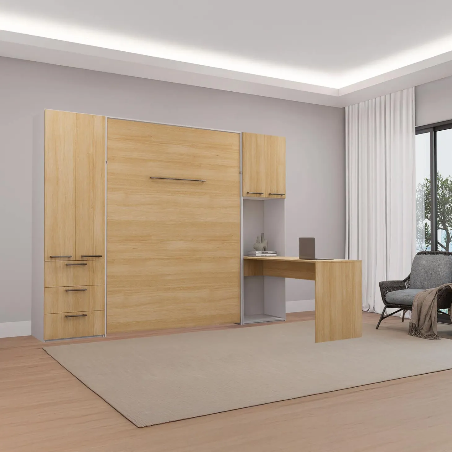 Lit escamotable queen, unités de rangement et bureau - naturel