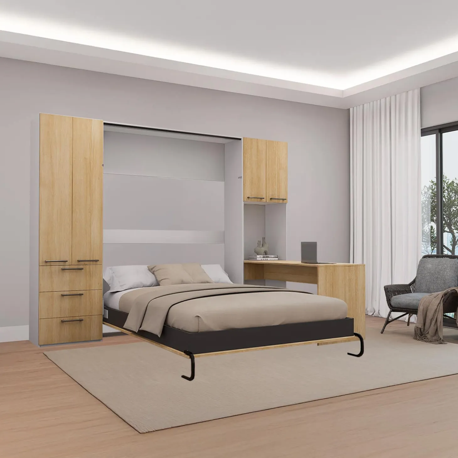 Lit escamotable queen, unités de rangement et bureau - naturel