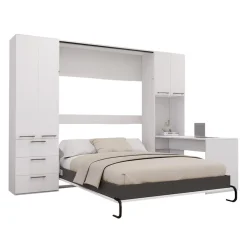 Lit escamotable queen, unités de rangement et bureau - blanc