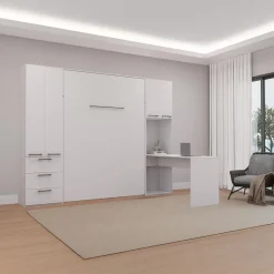 Lit escamotable queen, unités de rangement et bureau - blanc