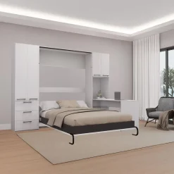 Lit escamotable queen, unités de rangement et bureau - blanc