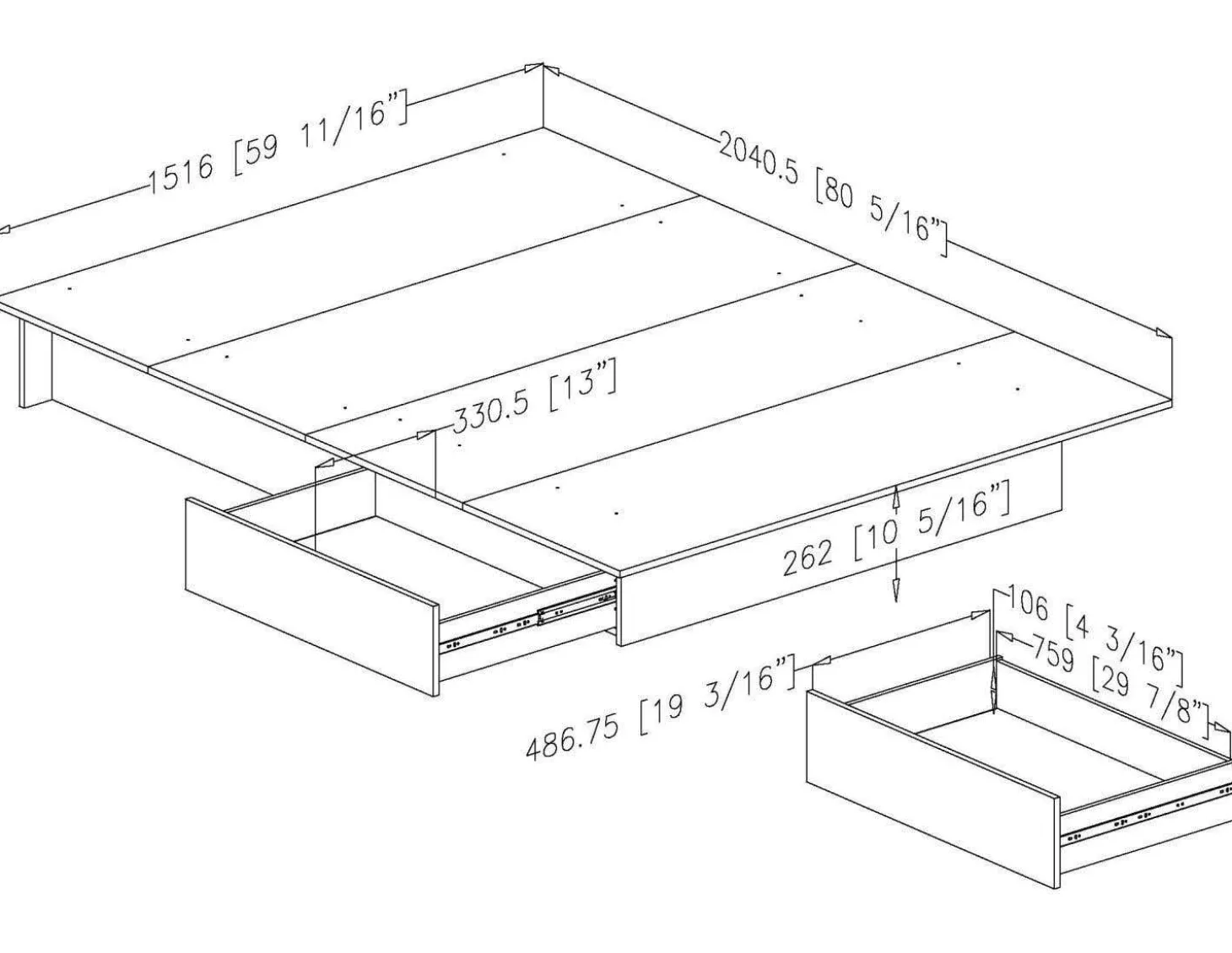 Lit plateforme double/queen avec rangement 2 tiroirs (54"/60'') - South Shore