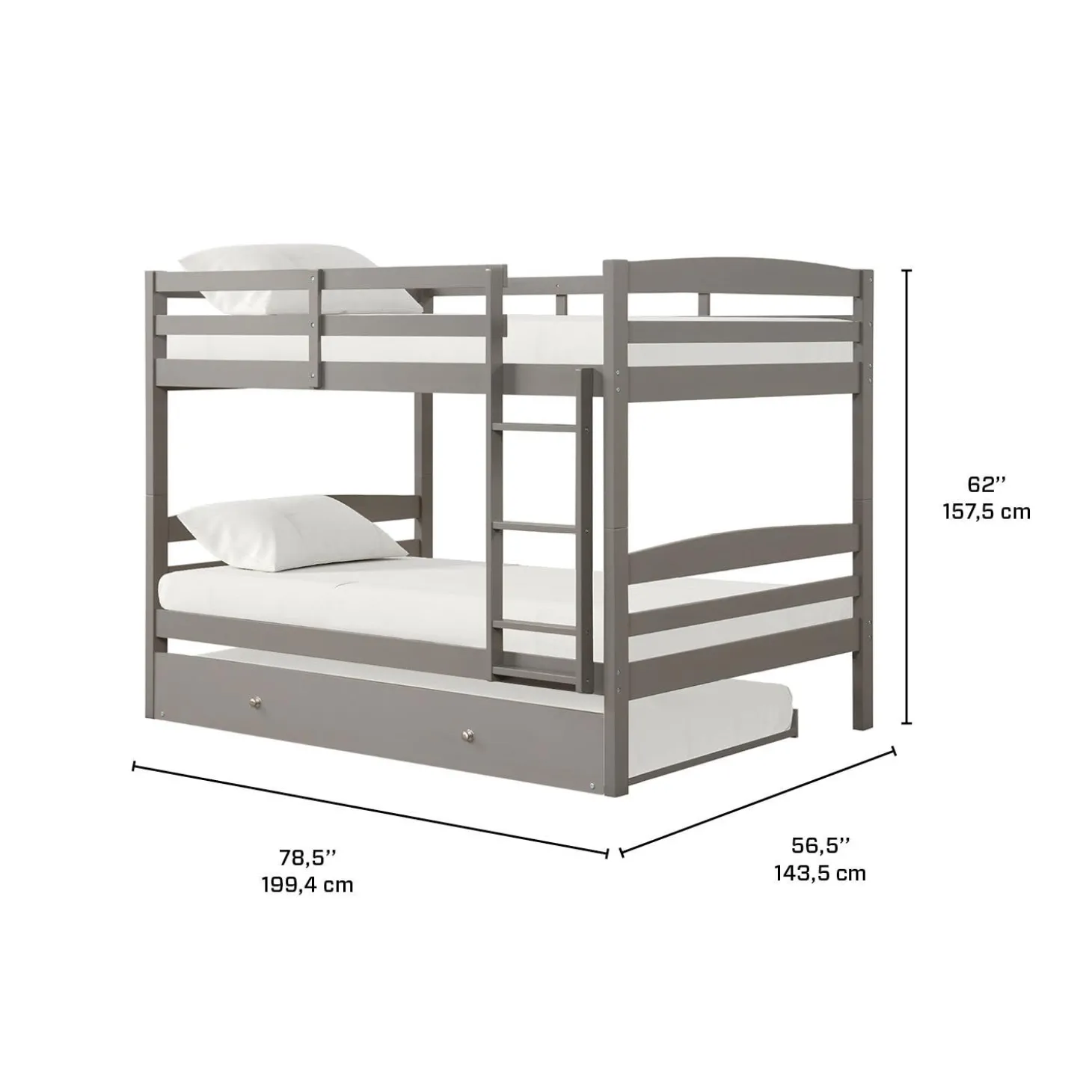 Lit superposé gris avec lit gigogne - 54"/54"