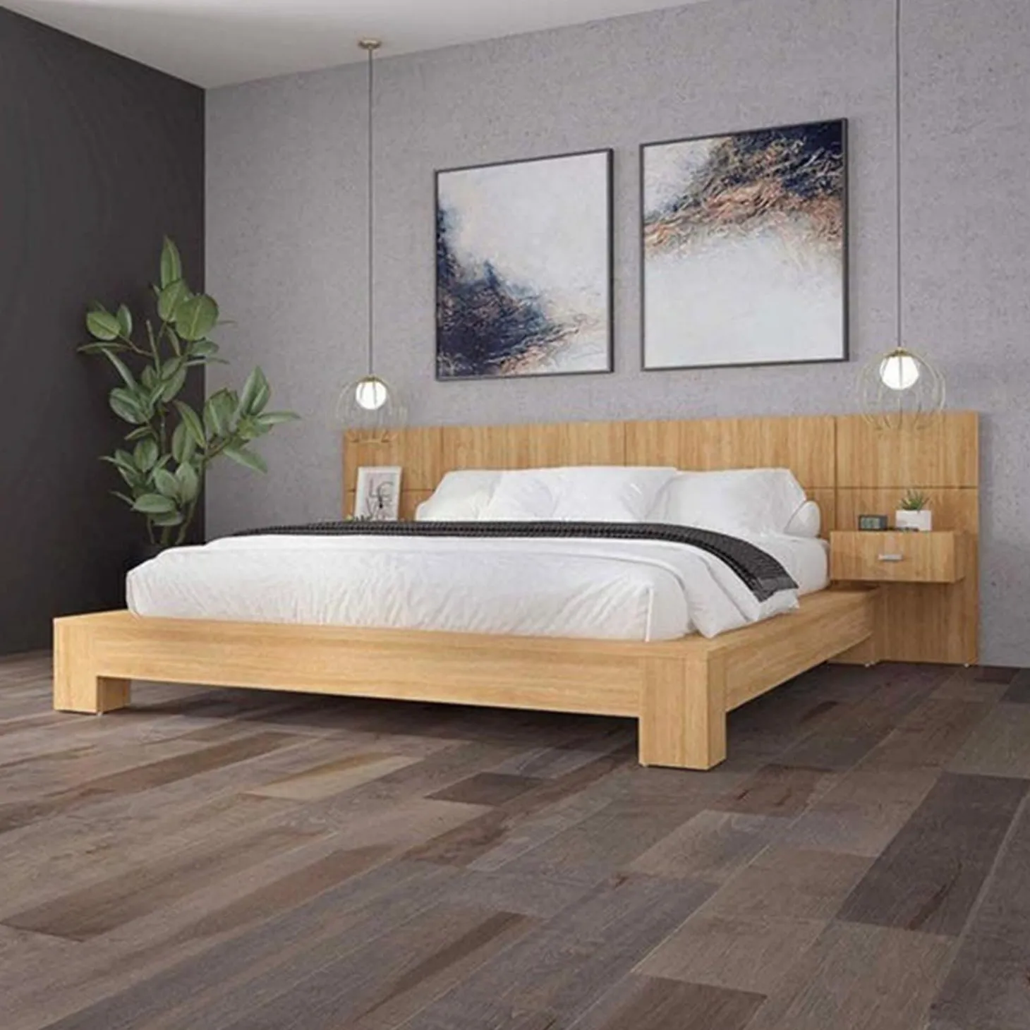 Panneaux avec 2 tables de chevet intégrées pour lits queen - naturel