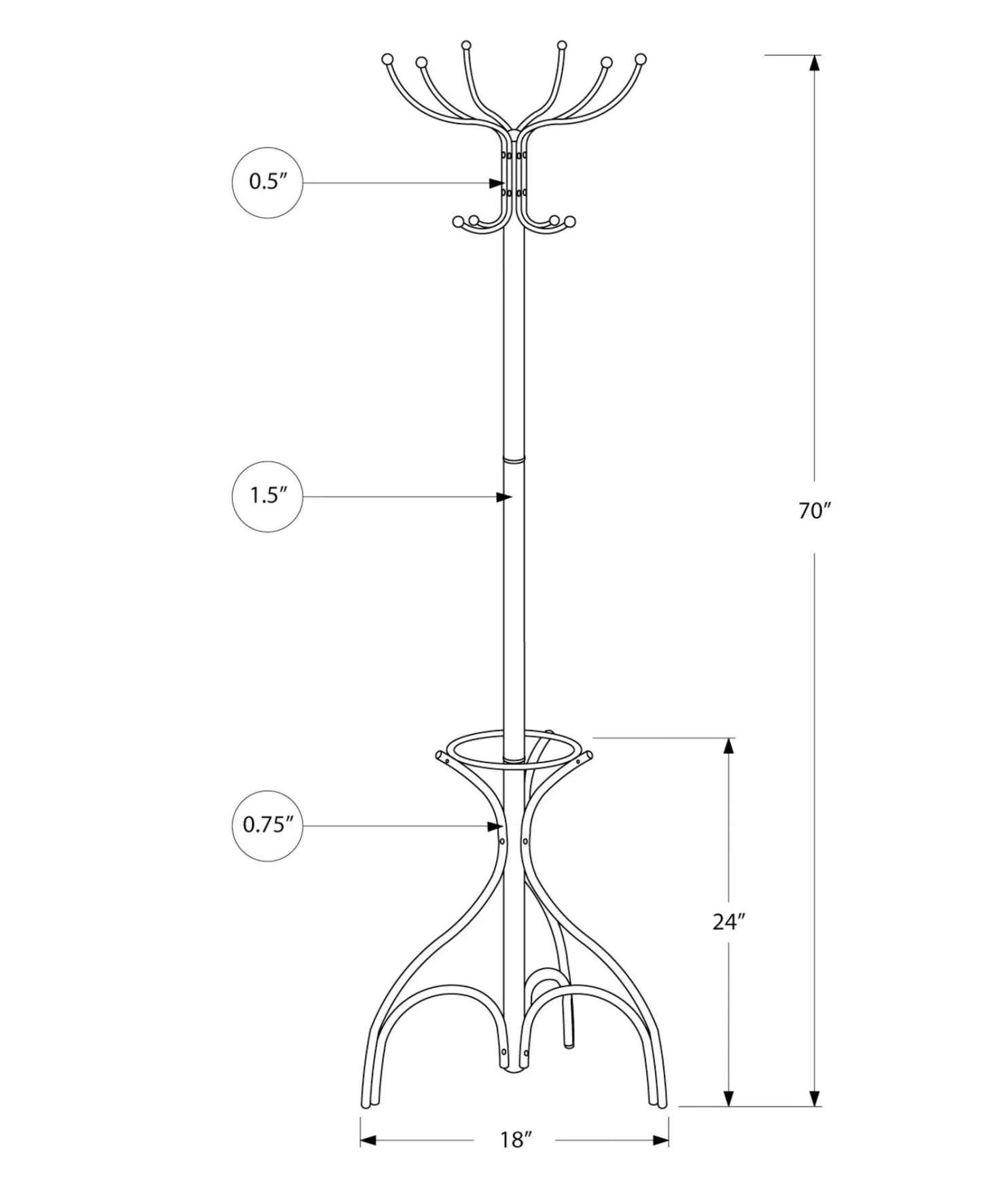 Patère - 70"H, métal argent et soutien à parapluie