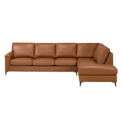 Sectionnel avec chaise longue à droite en cuir véritable - cognac