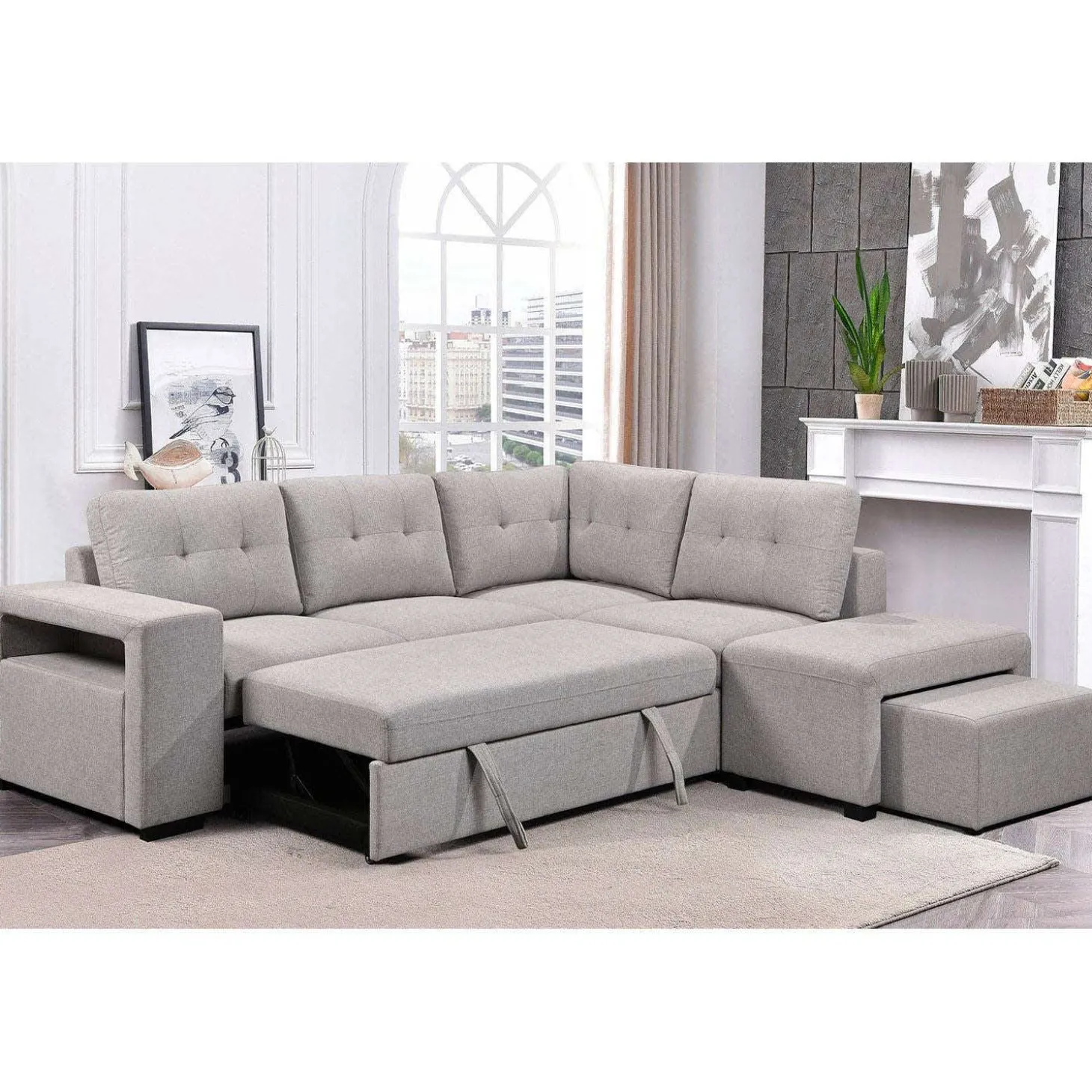 Sectionnel convertible avec chaise longue, rangement et 2 ottomans amovibles