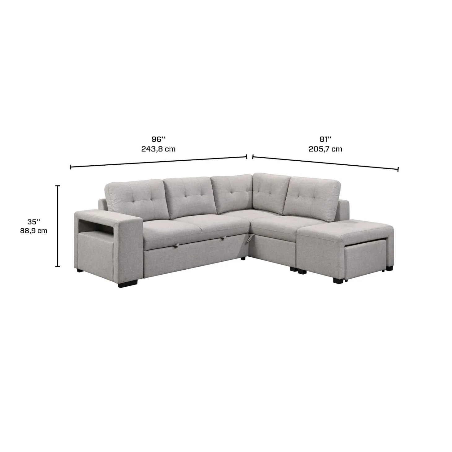 Sectionnel convertible avec chaise longue, rangement et 2 ottomans amovibles