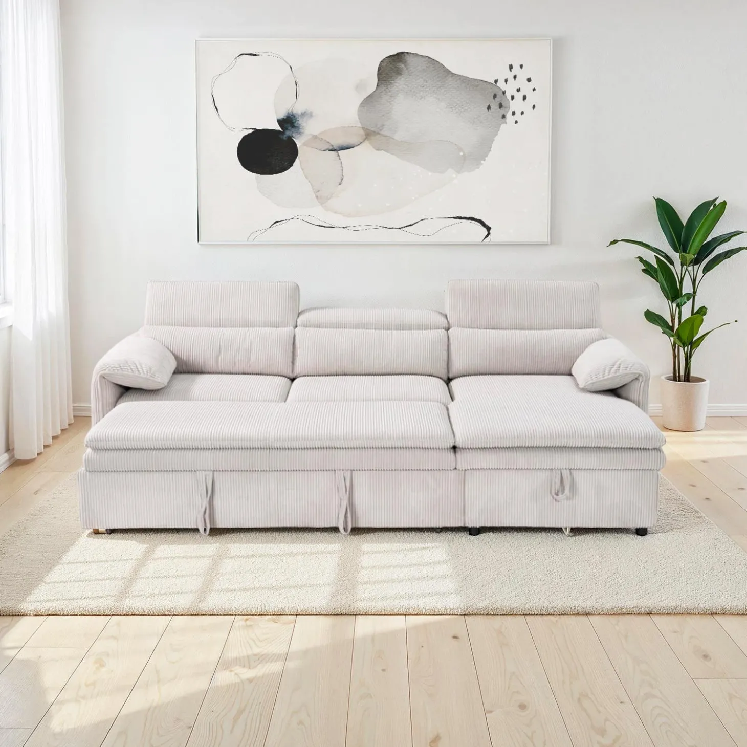 Sectionnel convertible avec chaise longue côté droit et rangement - beige