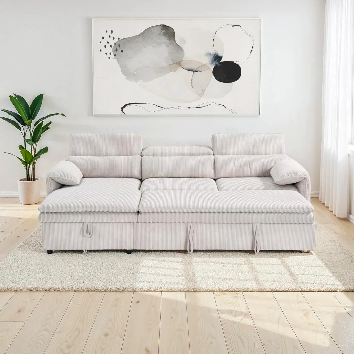 Sectionnel convertible avec chaise longue côté gauche et rangement - beige