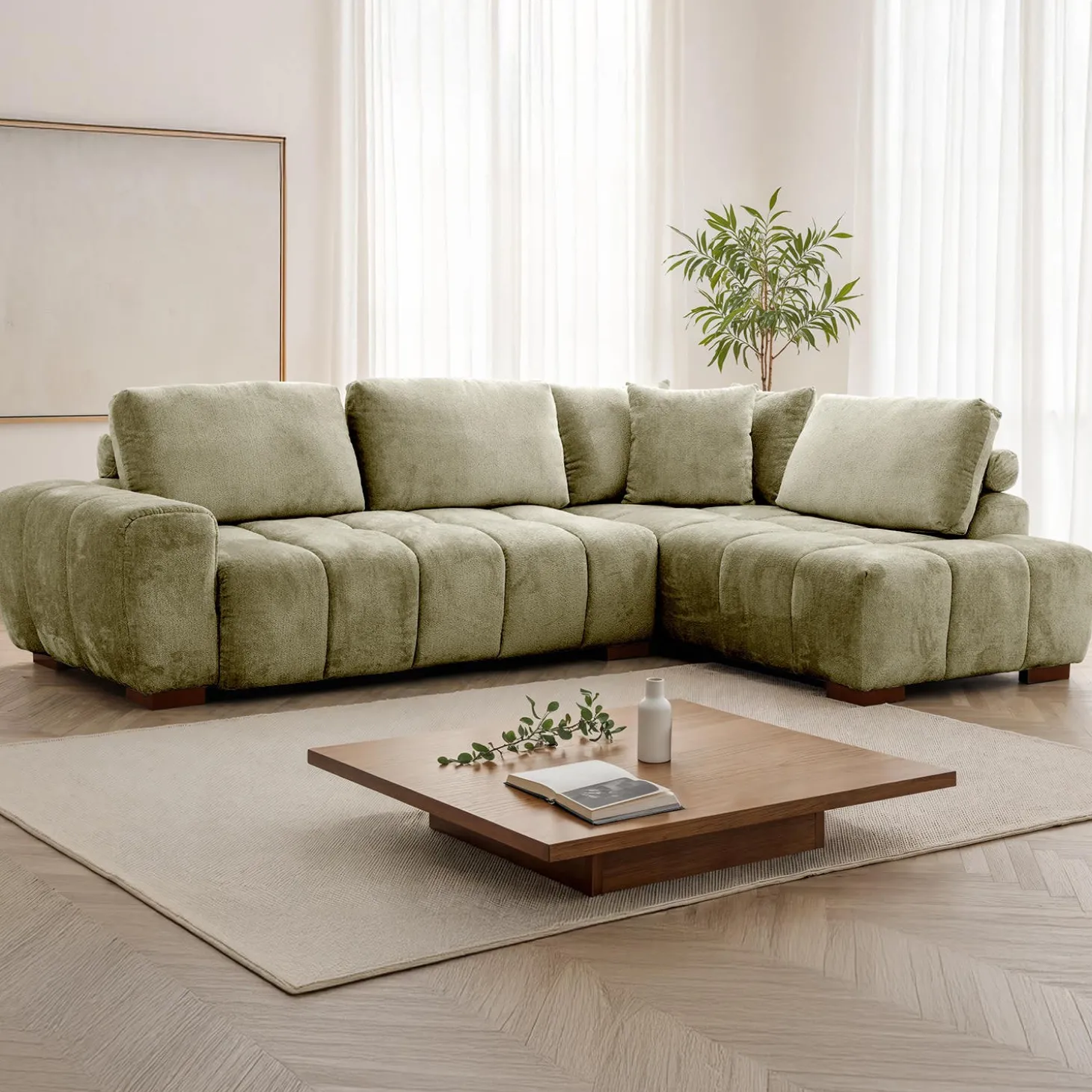 Sectionnel de style guimauve avec chaise longue à droite - sauge