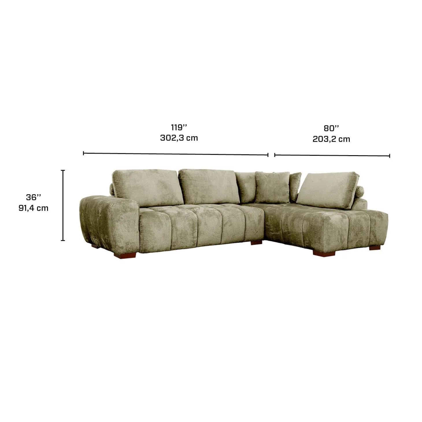 Sectionnel de style guimauve avec chaise longue à droite - sauge