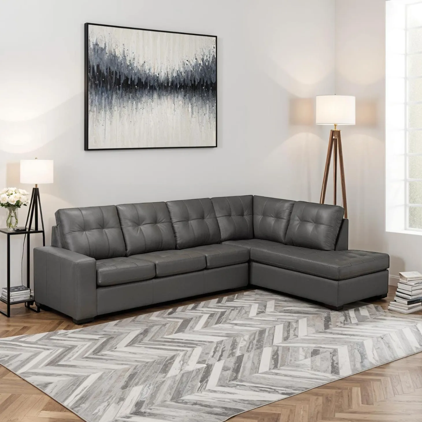 Sectionnel en cuir véritable - Chaise longue à droite