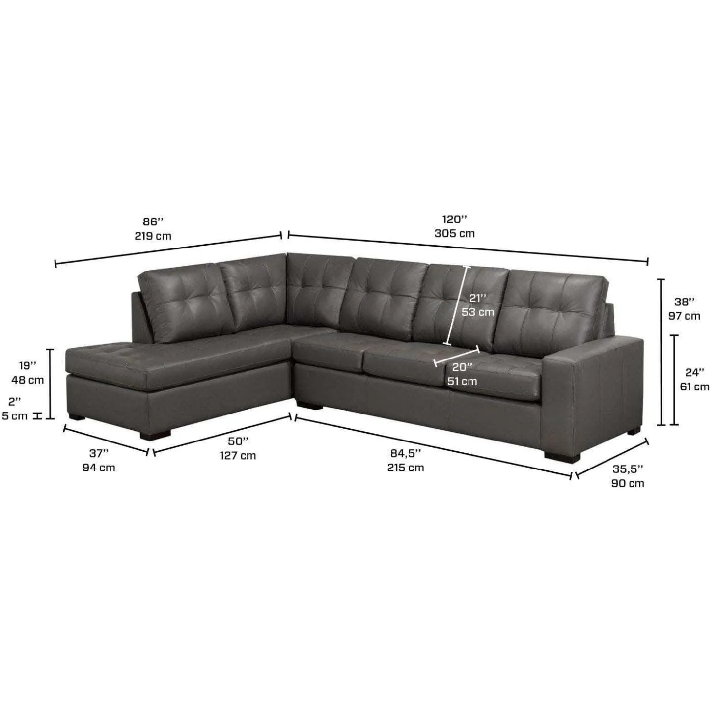 Sectionnel en cuir véritable - Chaise longue à gauche