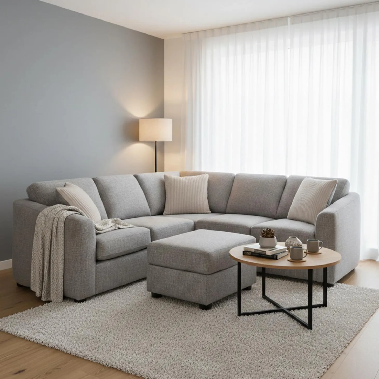 Sectionnel en tissu avec ottoman assorti