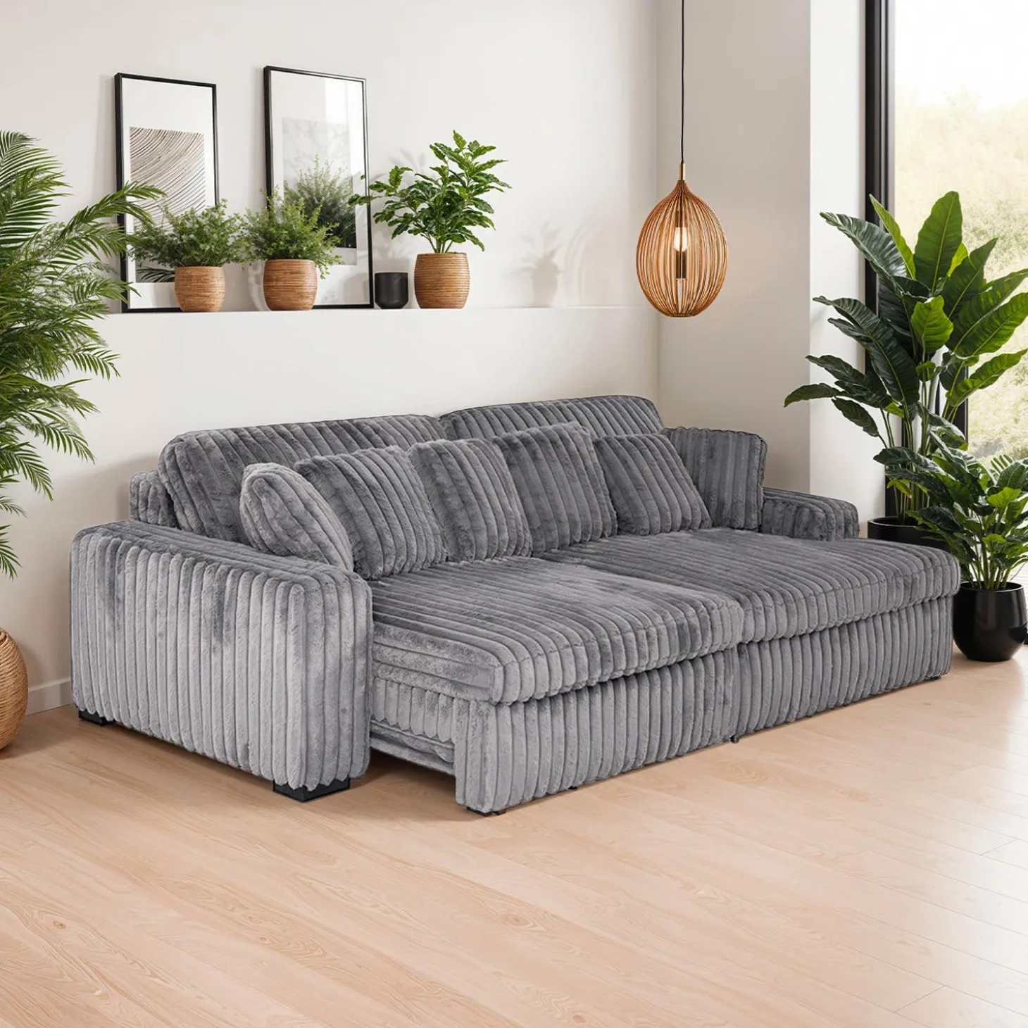 Sectionnel en velours côtelé avec siège coulissant électrique et chaise longue