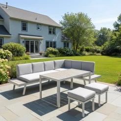 Sectionnel extérieur en acier avec table à manger et 2 tabourets