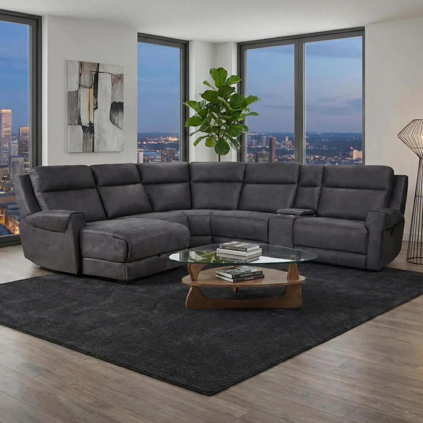 Sectionnel modulaire inclinable avec siège rabattable, chaise longue avec rangement etconsole - 6 mcx