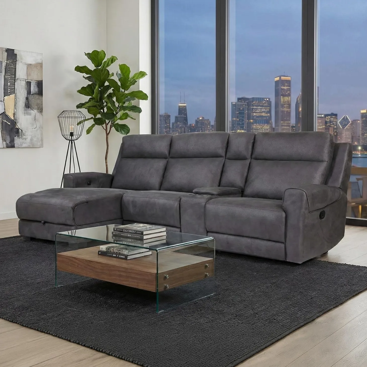 Sectionnel modulaire inclinable, siège rabattable, chaise longue avec rangement, console avec porte-gobelets et ports USB/USB-C - 4 mcx