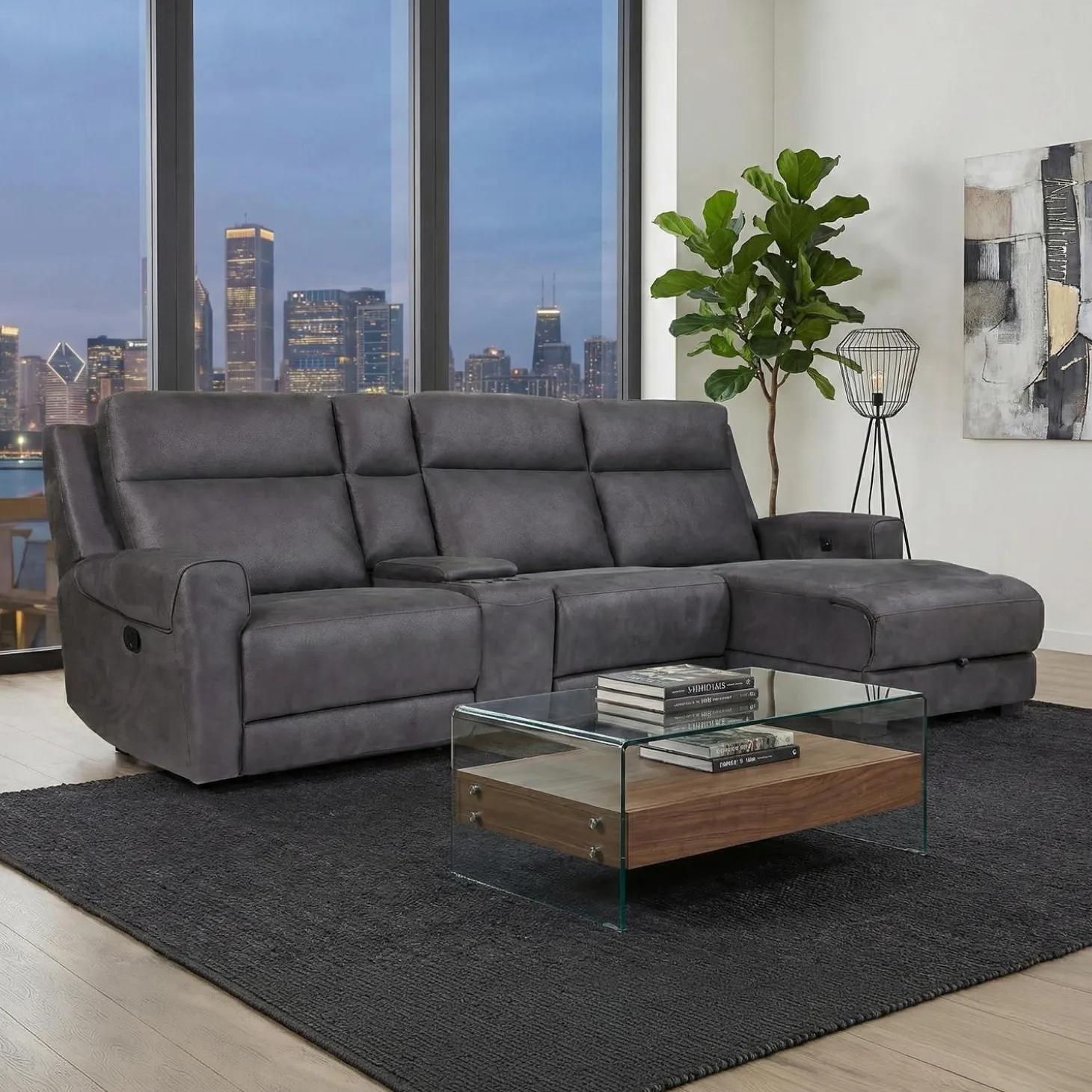 Sectionnel modulaire inclinable, chaise longue avec rangement, console avec porte-gobelets et ports USB/USB-C - 4 mcx