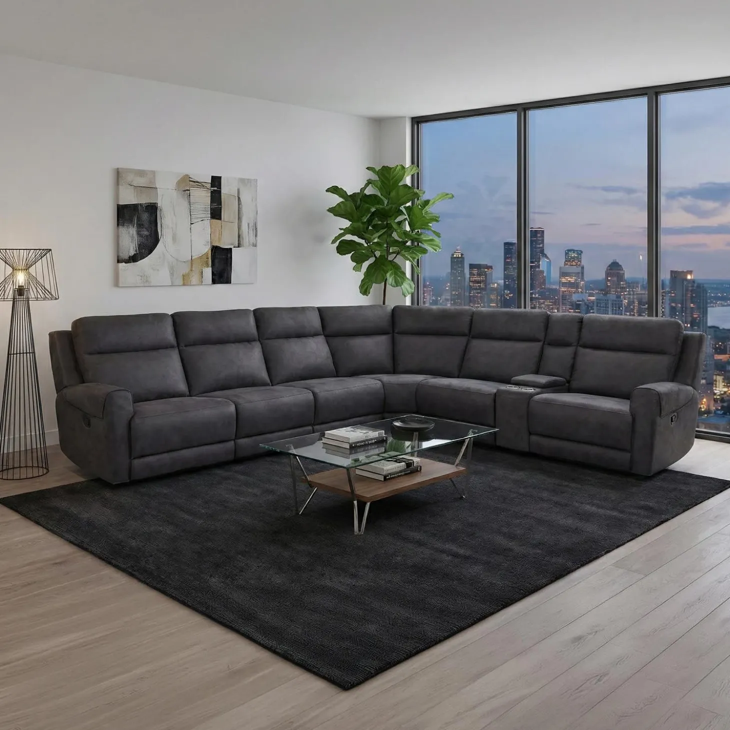 Sectionnel modulaire inclinable avec siège rabattable, console, porte-gobelets et ports USB - 7 mcx
