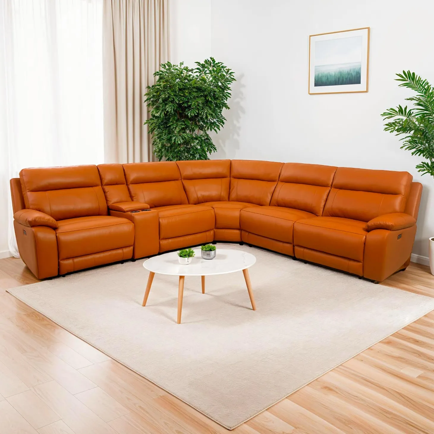 Sectionnel modulaire inclinable électrique avec console en cuir véritable - 6 mcx